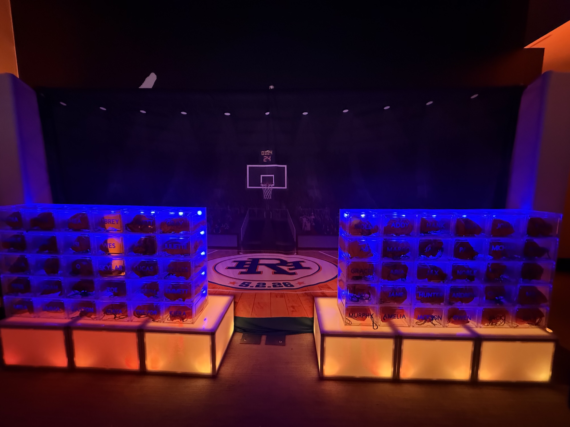 Basketball Themed Display at Bar Mitzvah Basketball themed display with neon lights and name tags, Halcyon Cherry Creek